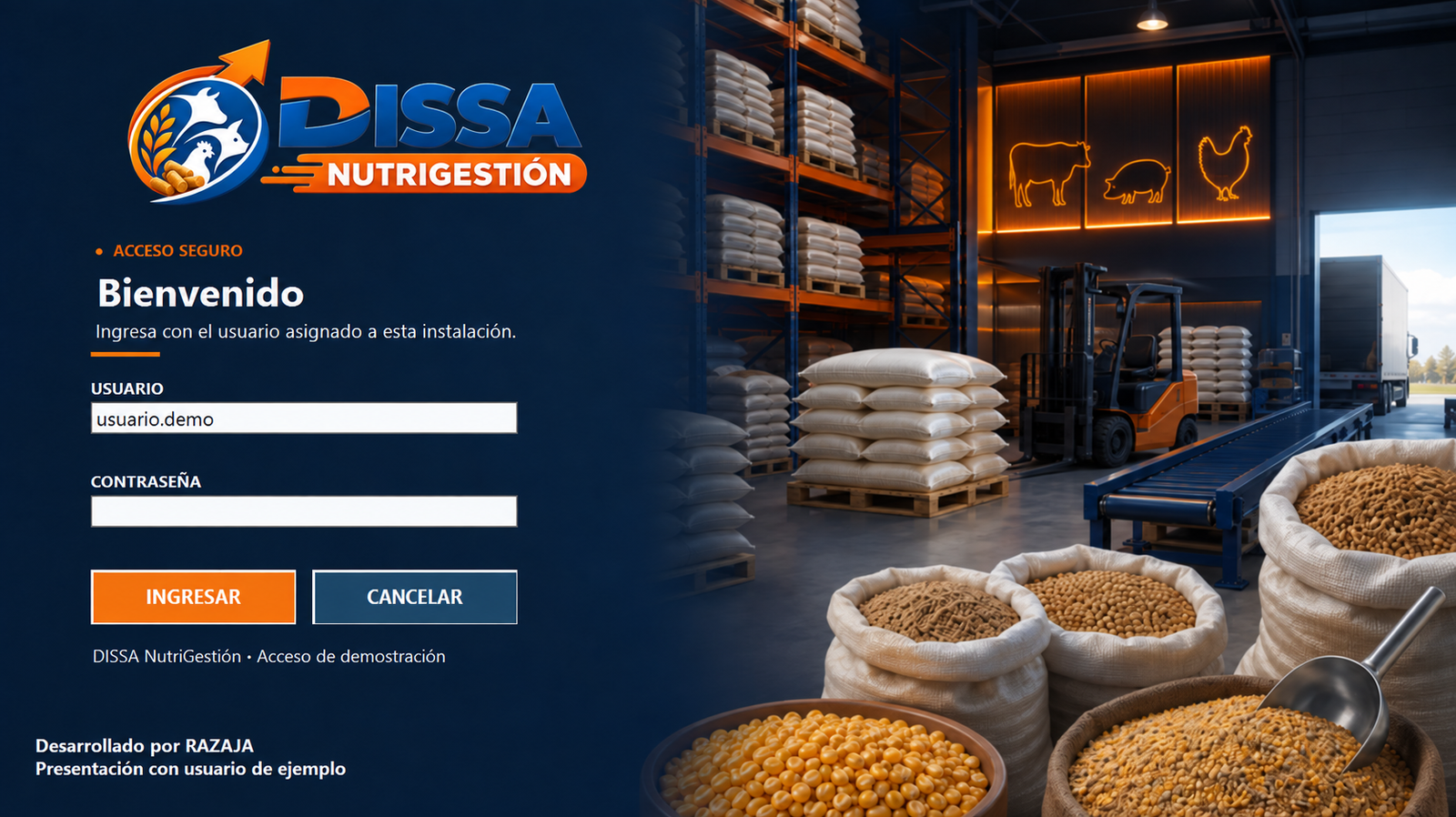 Login autorizado del proyecto terminado DISSA NutriGestión, sin datos operativos