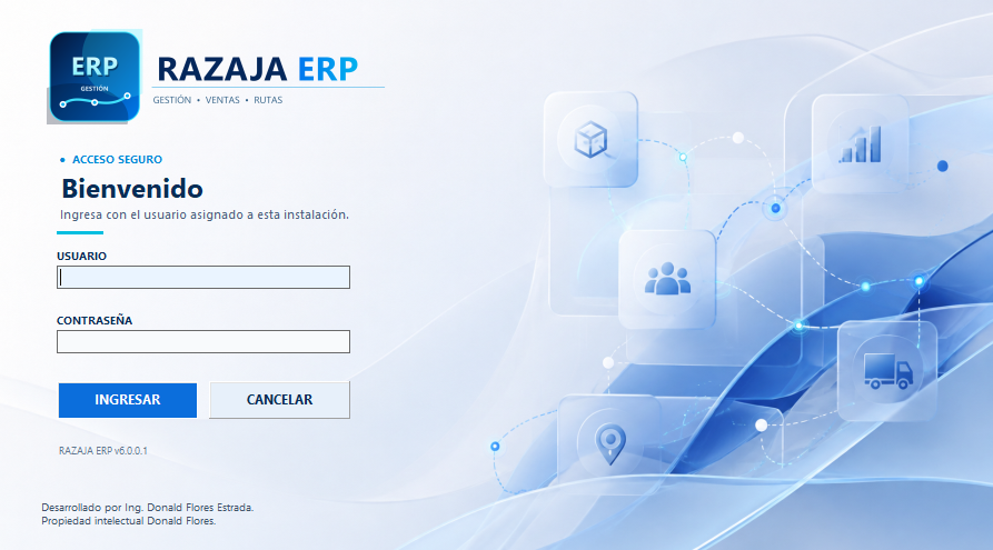 Acceso original de RAZAJA ERP, aplicación de escritorio
