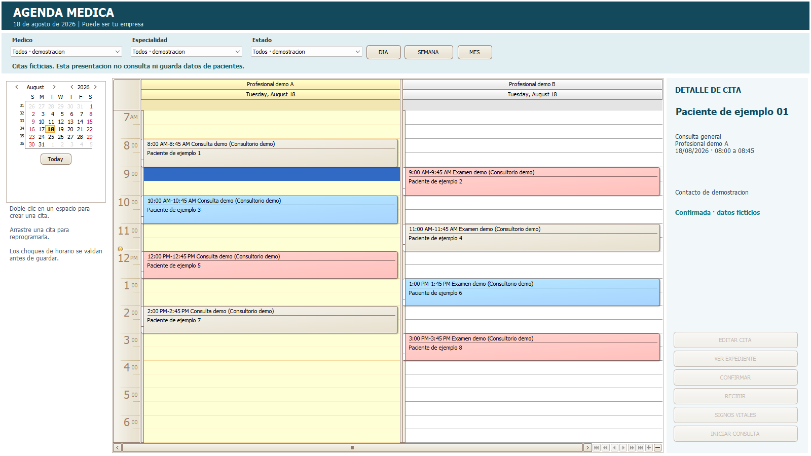 Agenda clínica con datos ficticios