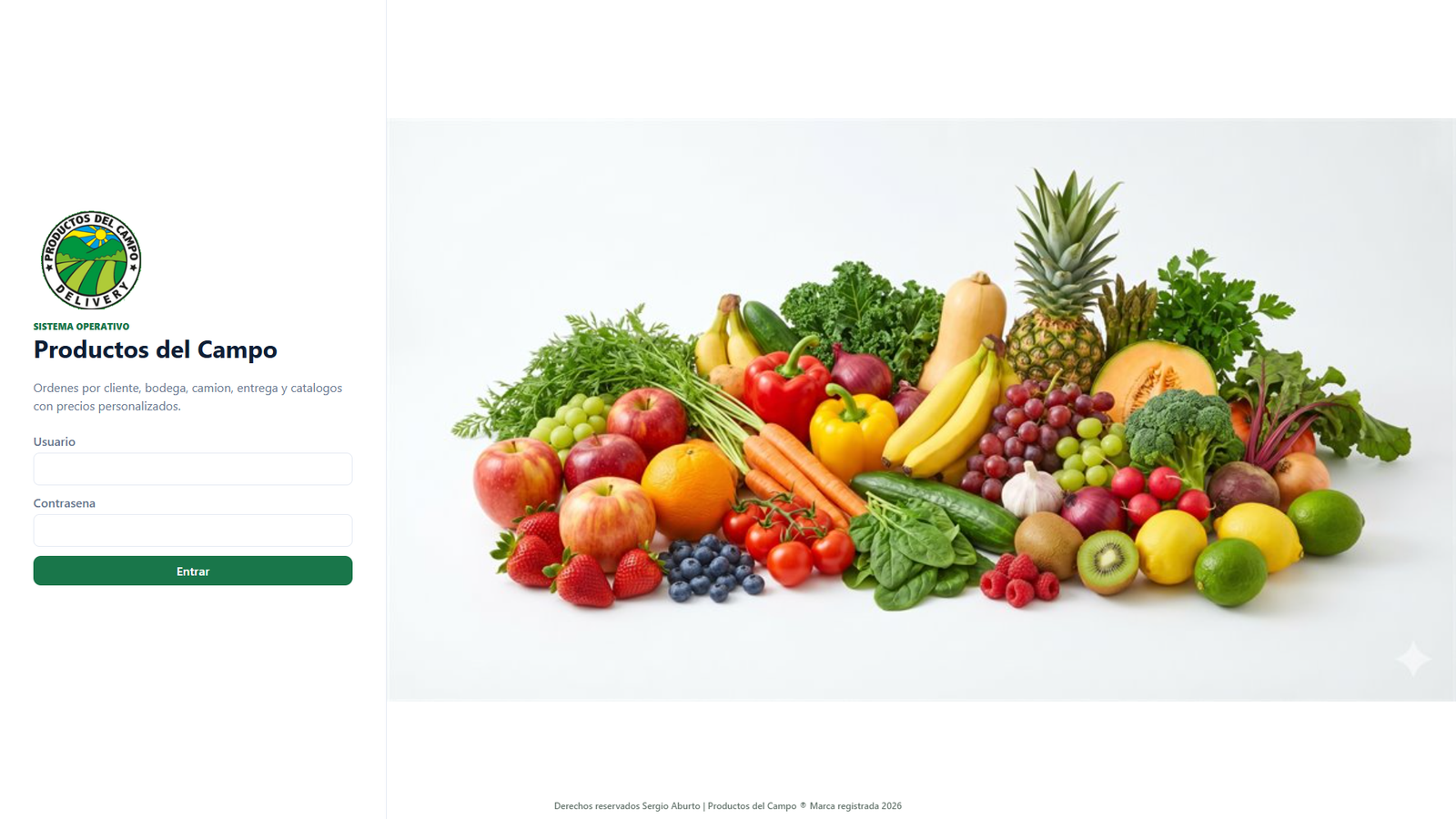 Acceso original de Productos del Campo, renderizado localmente sin credenciales